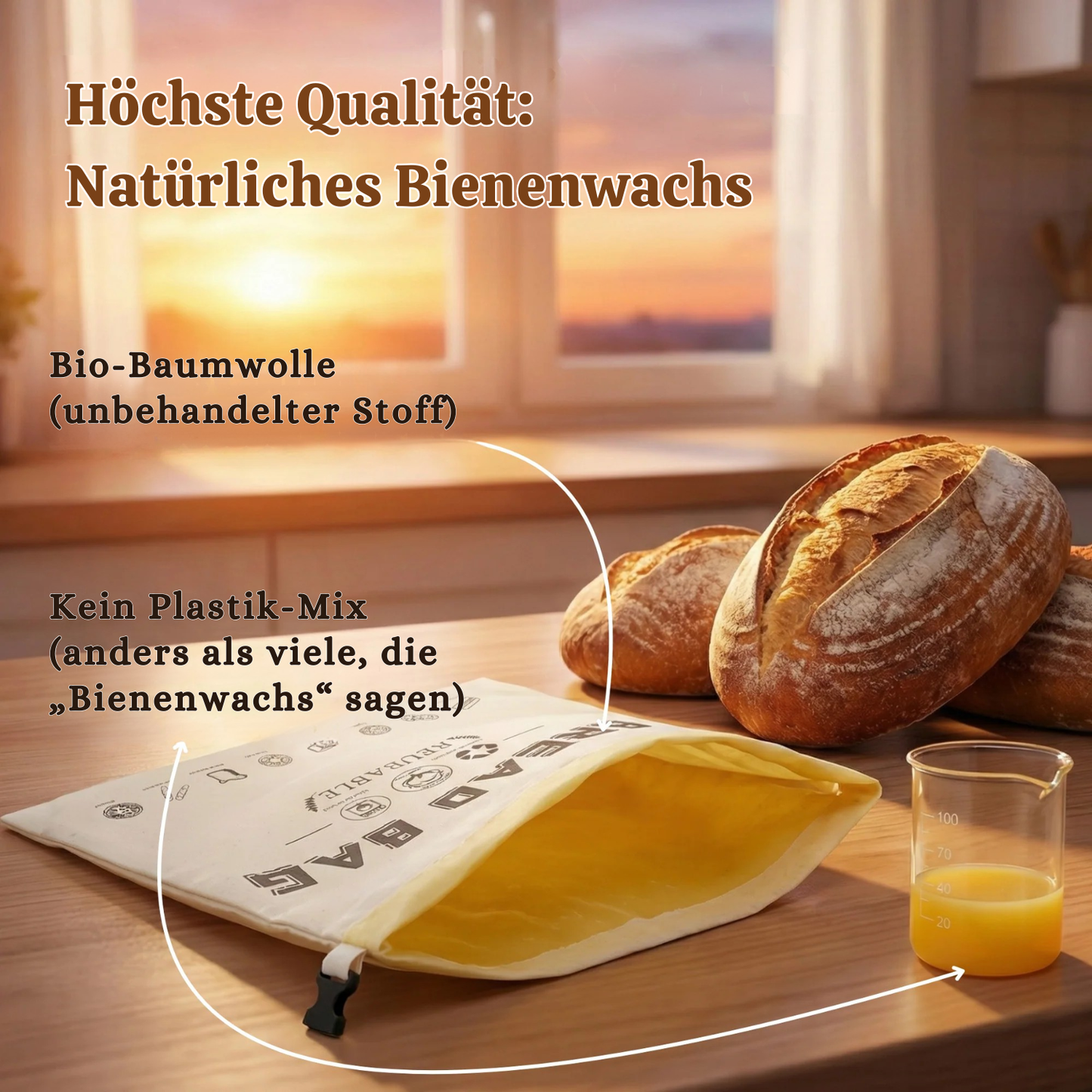 Premium Brotbeutel aus 100% Baumwolle & Bienenwachs